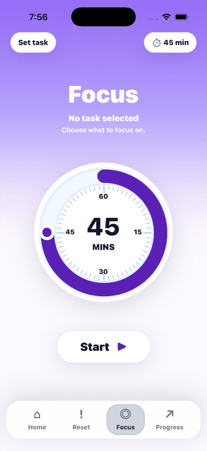 Steppy mobile app Focus timer screen with a 45 minute session.