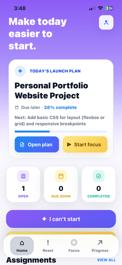 Steppy mobile app home screen with today's launch plan and assignment progress.