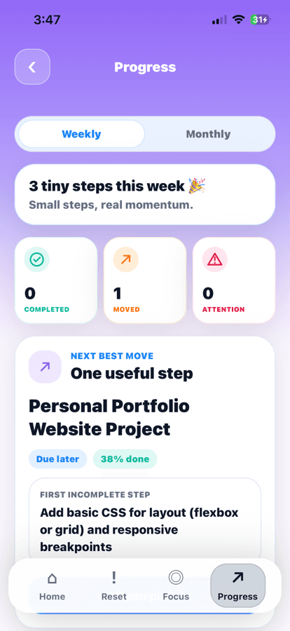 Steppy mobile app Progress tab showing weekly steps, status cards, and a next best move.