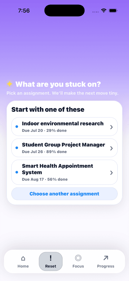 Steppy mobile app Reset screen showing assignments to get unstuck on.